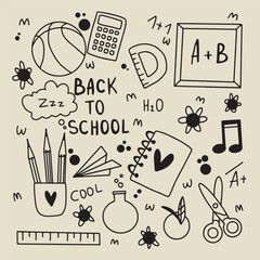 Back to school doodle. Hand-drawn linear school. School set of elements