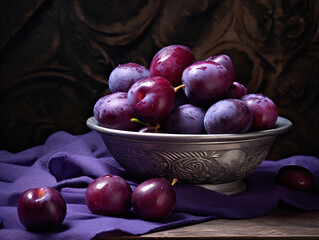 Fototapeta na wymiar Old Bowl with Blue Plums: Organic, Naturalistic Delicacy and Charm