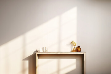 Obraz na płótnie Canvas Intricate Minimalism: Shelf with Vases and Soft Defocused Shadows