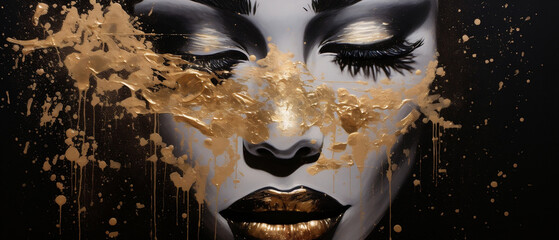 Czarny obraz twarz kobiety z plamami złotej farby. Mocny makijaż, zamknięte powieki.  - obrazy, fototapety, plakaty