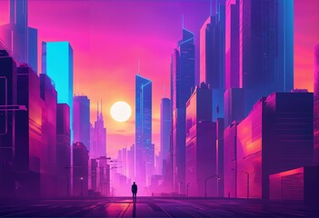 Beautiful sunset in cyberpunk cityscape - glitchy animation style, wallpaper/backgroun