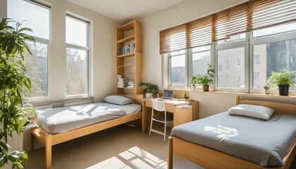 Student dormitory with bright and simple room for two students
