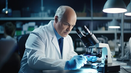 Modern Medical Research Laboratory: Portrait of Male Scientist Using Microscope, Analysis Information.