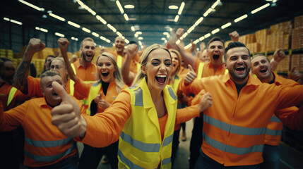 Joyful team smiles against the backdrop of a warehouse - obrazy, fototapety, plakaty
