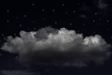 Black dark blue night sky with stars. White cumulus clouds. Moonlight, starlight. Background for design. 