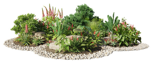 Cutout flowerbed. Plants and flowers isolated on transparent background. Flower bed for garden design. Rock landscaping among the flowering bush.	
