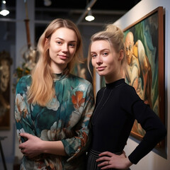 Dwie młode piękne kobiety w muzeum na tle pięknych obrazów - dzieł sztuki