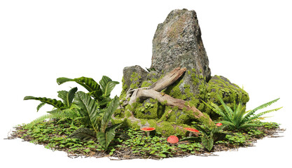 Cutout mossy rock surrounded by vegetation in the forest. Ancient boulder with moss isolated on transparent background. Mossy tree branch on the ground   © Kimo