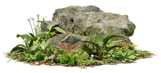 Cutout mossy rock surrounded by vegetation in the forest. Ancient boulder with moss isolated on transparent background. Mossy tree branch on the ground   © Kimo