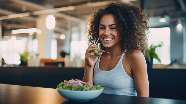 Young Athletic Woman Eats A Salad In Her Plate While Eating Breakfast