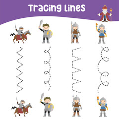 Fototapeta premium Tracing vertical lines activity with cute fairytale kingdom theme. Tracing worksheet for kids practising the motoric skills. Educational printable worksheet. Vector illustration.