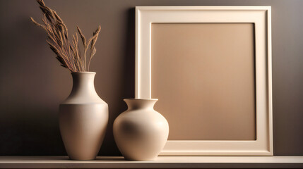 White Vase Next to White Frame on Shelf: Minimalist Decor