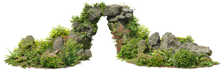 Cutout natural rock arch in the forest. Stone arch isolated on white background. Cave entrance made of old boulder with moss.	
