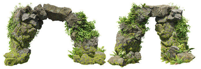 Cutout natural rock arch in the forest. Stone arch isolated on white background. Cave entrance made of old boulder with moss.   © Kimo