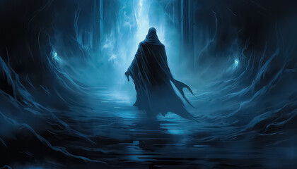 dark ghost in black robe in a black tunnel, in the style of airbrush art.