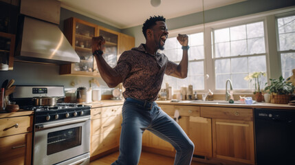 Man dances in the kitchen while cooking dinner at home