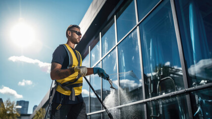 Fototapeta na wymiar Worker washing windows in the office building