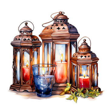 Candles and Lanterns Watercolor Clipart isolated on Transparent Background.