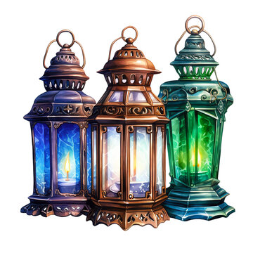 Candles and Lanterns Watercolor Clipart isolated on Transparent Background.