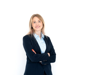 Young cheerful business lady with crossed arms standing and smiling isolated on white background	