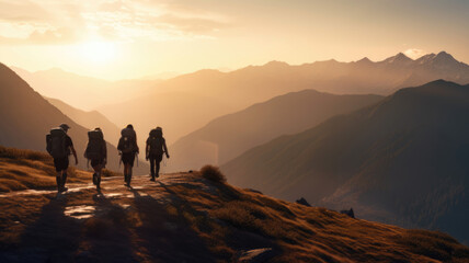 Group of hikers with backpacks walk in the background of the mountain landscape