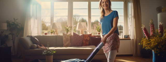 Woman housewife cleans her house with a vacuum cleaner - obrazy, fototapety, plakaty