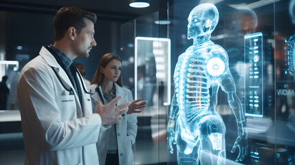 Doctor and robot wit AI working together in a hospital. Revolutionize healthcare with AI-driven diagnosis. Artificial intelligence and human medical doctor team work