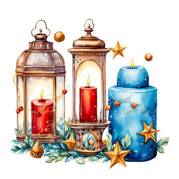 Christmas Candles and Lanterns Watercolor Clipart isolated on Transparent Background.