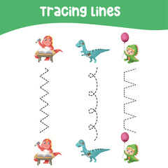 Tracing vertical lines activity with cute baby dino theme. Tracing worksheet for kids practising the motoric skills. Educational printable worksheet. Vector illustration.