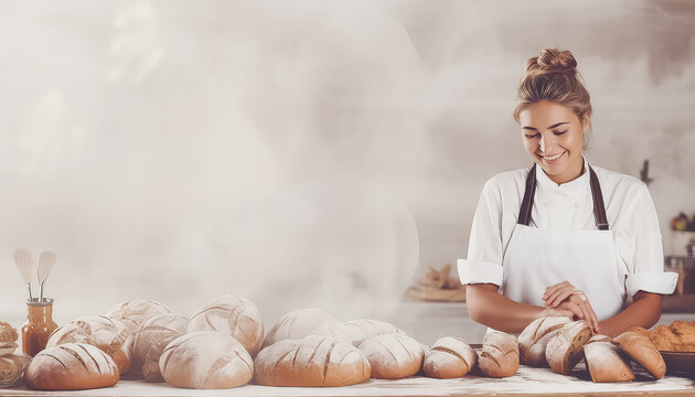 woman cooks with many baker's rolls while smiling