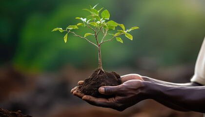 growing a tree in the hands of an african man