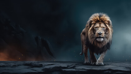 lion walking on the path with rocks in background - Powered by Adobe