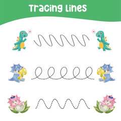 Tracing horizontal lines activity with cute baby dino theme. Tracing worksheet for kids practising the motoric skills. Educational printable worksheet. Vector illustration.
