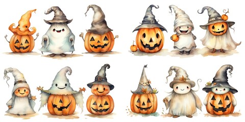 Naklejka premium watercolor illustration Halloween creepy monster things in cute cartoon style isolated on white background, Generative Ai