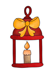 Czerwony świąteczny lampion ze świecą i żółtą kokardą, ręcznie rysowana ilustracja © workszop