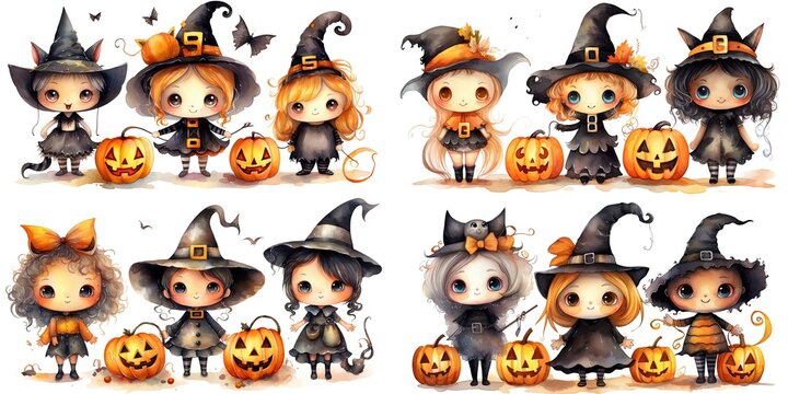  watercolor illustration Halloween witch, pumpkins and creepy things in cute cartoon style isolated on white background, children art style design, Generative Ai