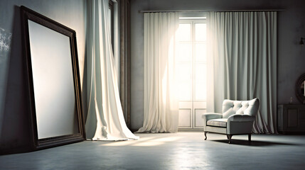 Empty Frame and Photo in Room with White Curtains: Interior Decor