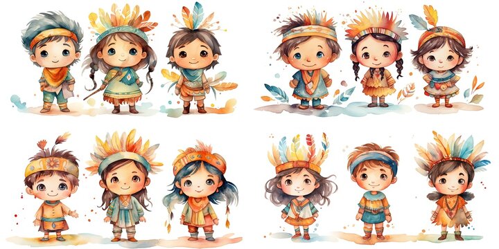 painting style illustration of  native American Indian kids boys and girls in traditional outfit, Generative Ai