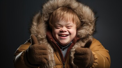 touching image of a young Caucasian boy with Down Syndrome radiating joy, smiling and pointing up