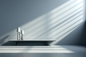Shelf in a room with two table lamps and shadows on the wall. Creative product presentation