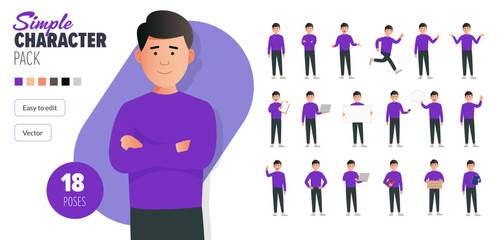 Simple flat male vector character in a set of multiple poses. Easy to edit and isolated on a white background. Modern trendy style character mega pack with lots of poses.