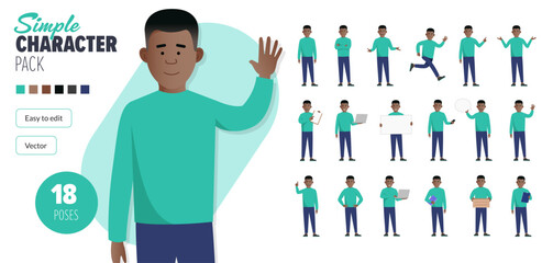 Simple flat 2d black male vector character in a set of multiple poses. Easy to edit and isolated on a white background. Modern trendy style character mega pack with lots of poses.