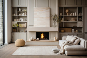Fototapeta na wymiar Interior of a stylish Scandinavian living room with a cozy sofa, a fireplace in light colors