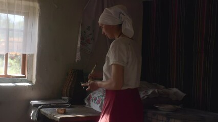 The process of beating eggs. The concept of baking craft bread.
