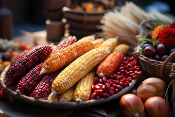 Deurstickers Flint corn on table, yellow and red, fall autumn seasonal decor, home harvest decoration © Sunshower Shots