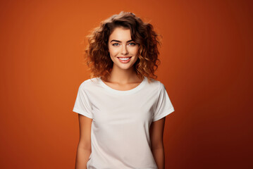 Obraz premium Young woman with a smile in a white mock-up T-shirt standing on a orange studio background