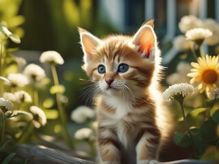 Beautiful cute baby kitten in a summer garden. Little kitten standing on flowers garden. Generative AI