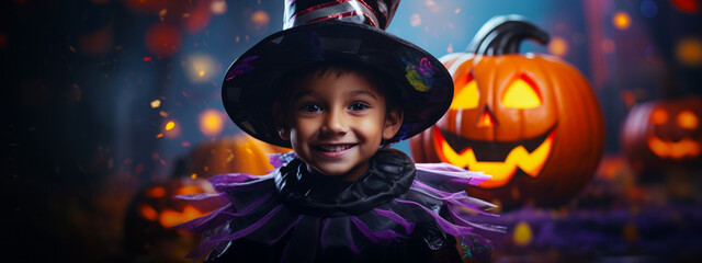 Festive banner with happy smiling kid in halloween carnival costume. Empty postcard with copy space. Generative AI