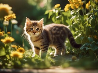 Obraz premium Beautiful cute baby kitten in a summer garden. Little kitten standing on flowers garden. Generative AI