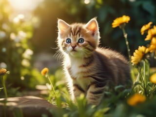 Beautiful cute baby kitten in a summer garden. Little kitten standing on flowers garden. Generative AI